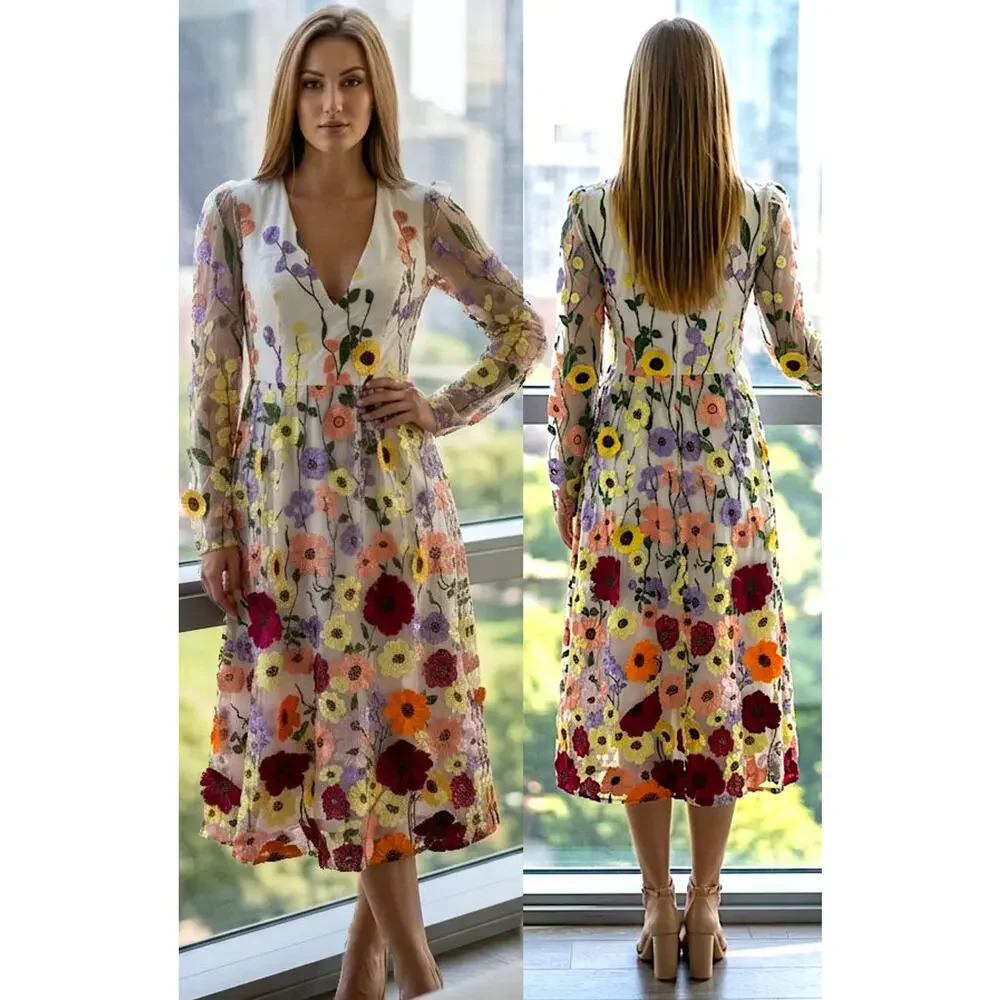 Lulus White 3D Floral Embroidered Front Back Blossom Midi Dress Size S NEW - Picture 3 of 14